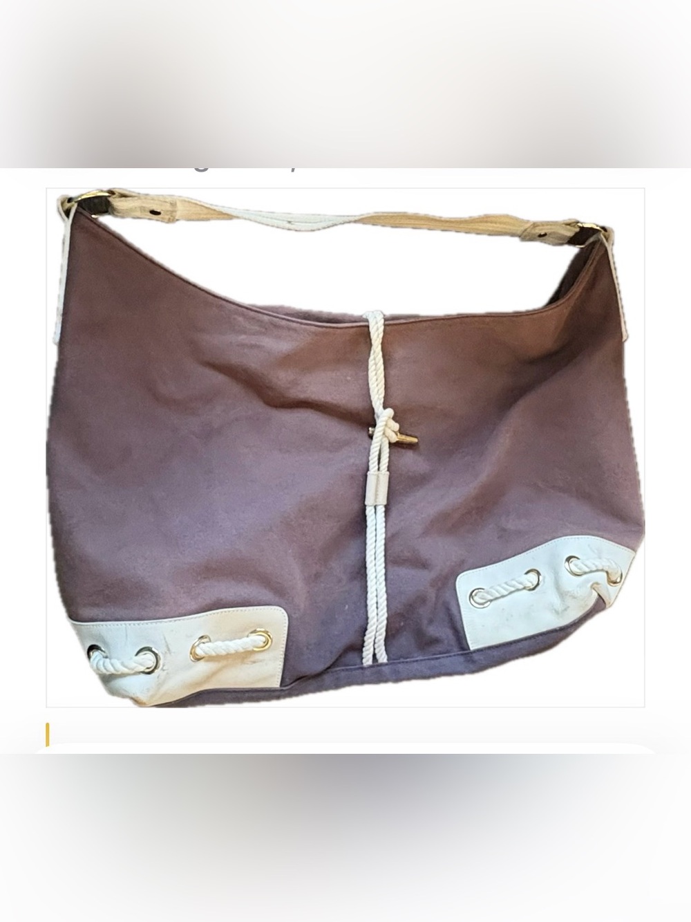 Lauren by Ralph Lauren Canvas Rope-Accent Shoulder Tote in Brown and Cream